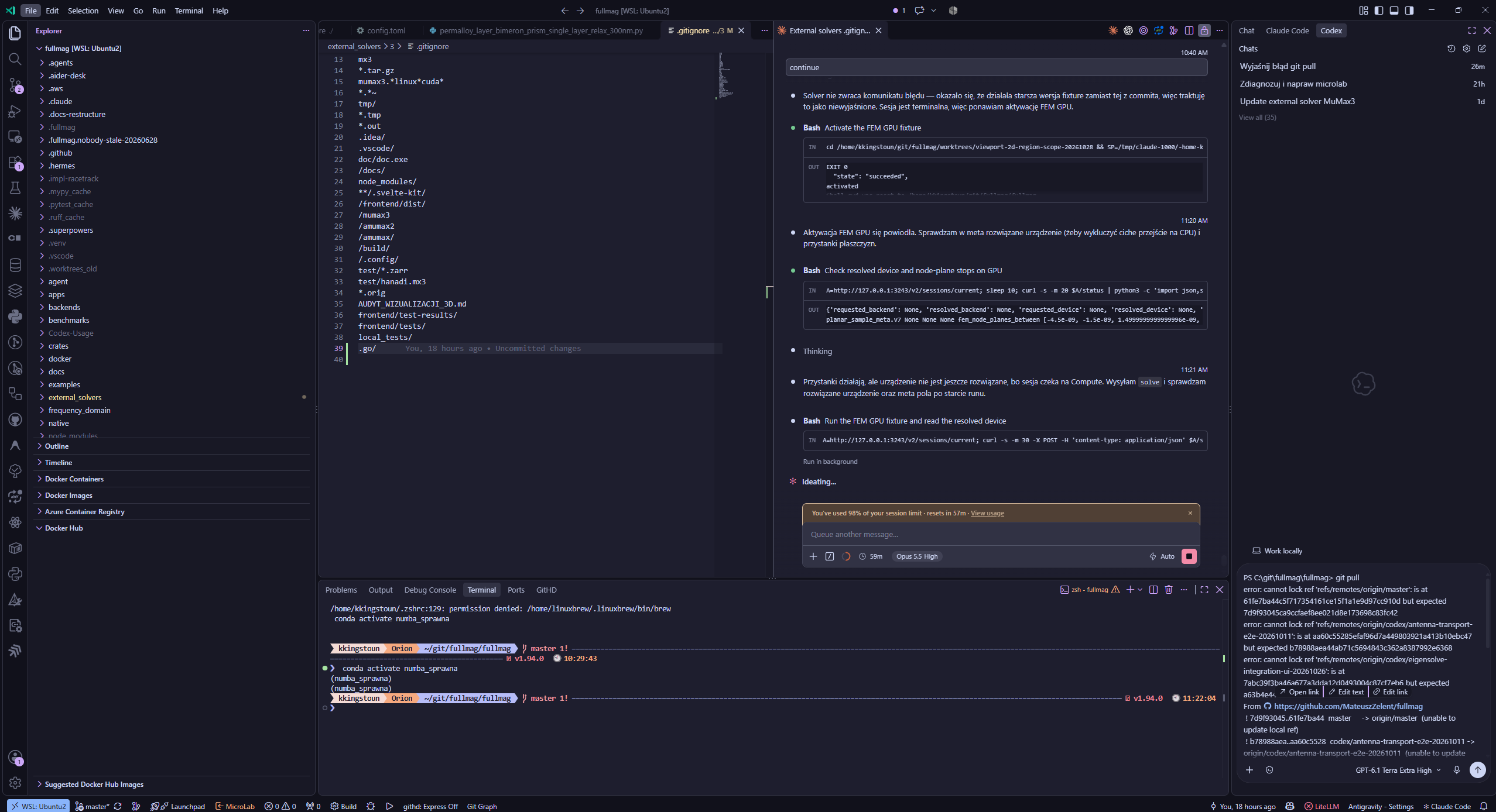 User-provided Fullmag VS Code workspace with Claude Code and Codex