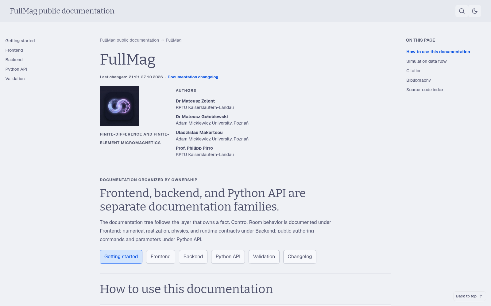 The public landing page assigns browser workflow, solver/physics/runtime facts, authoring API, and validation to separate documentation families; its flow diagram distinguishes requested intent from resolved execution.