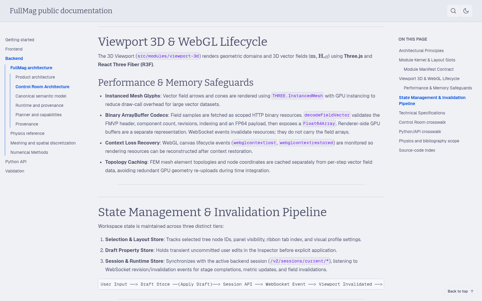 The architecture page documents the Three.js/React Three Fiber viewport, vector rendering, resource invalidation, and context recovery boundaries.