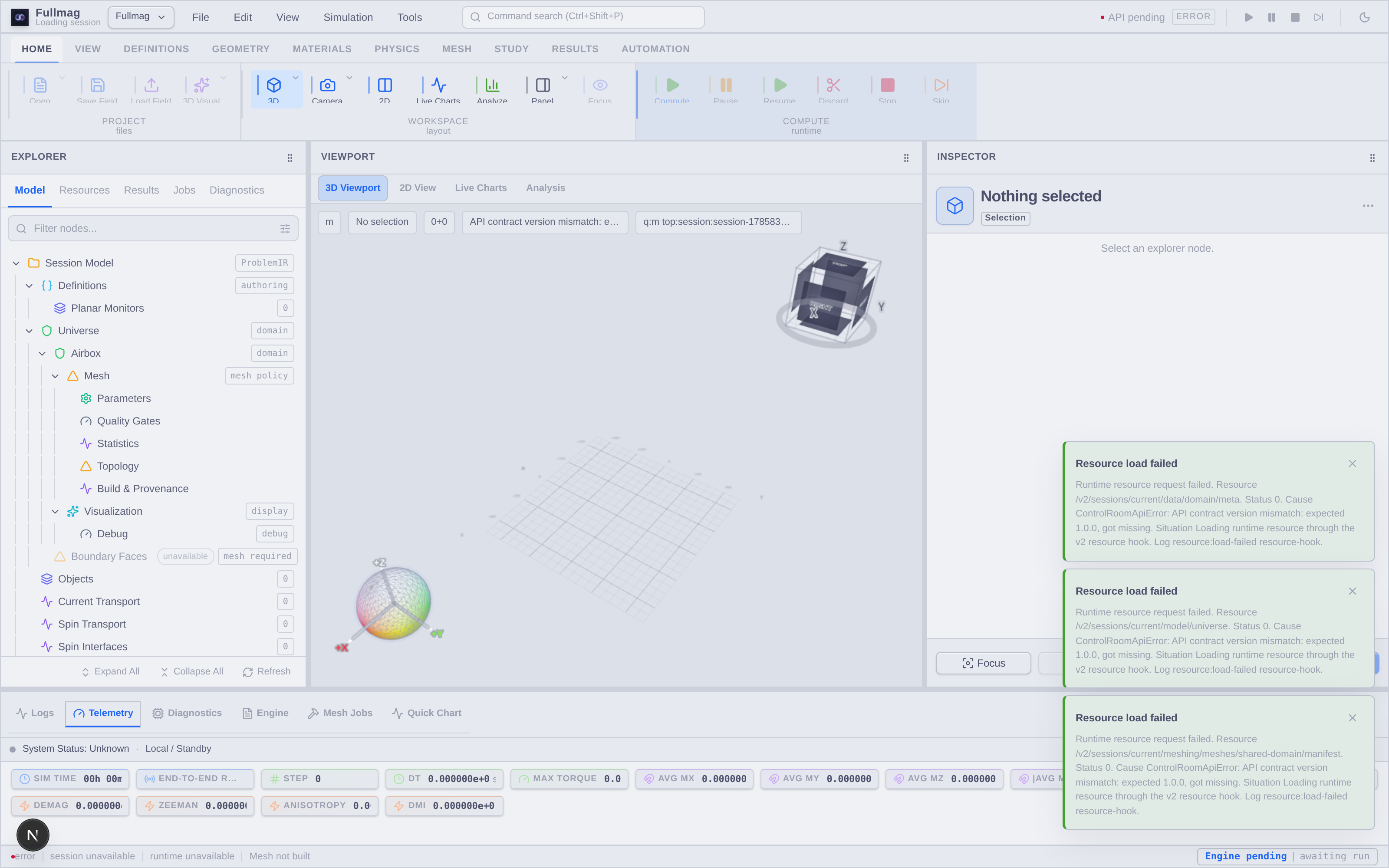 The full-resolution workspace illustration shows the Explorer, viewport, Inspector, toolbar, and status area; it visibly includes API contract mismatch and resource-load errors.