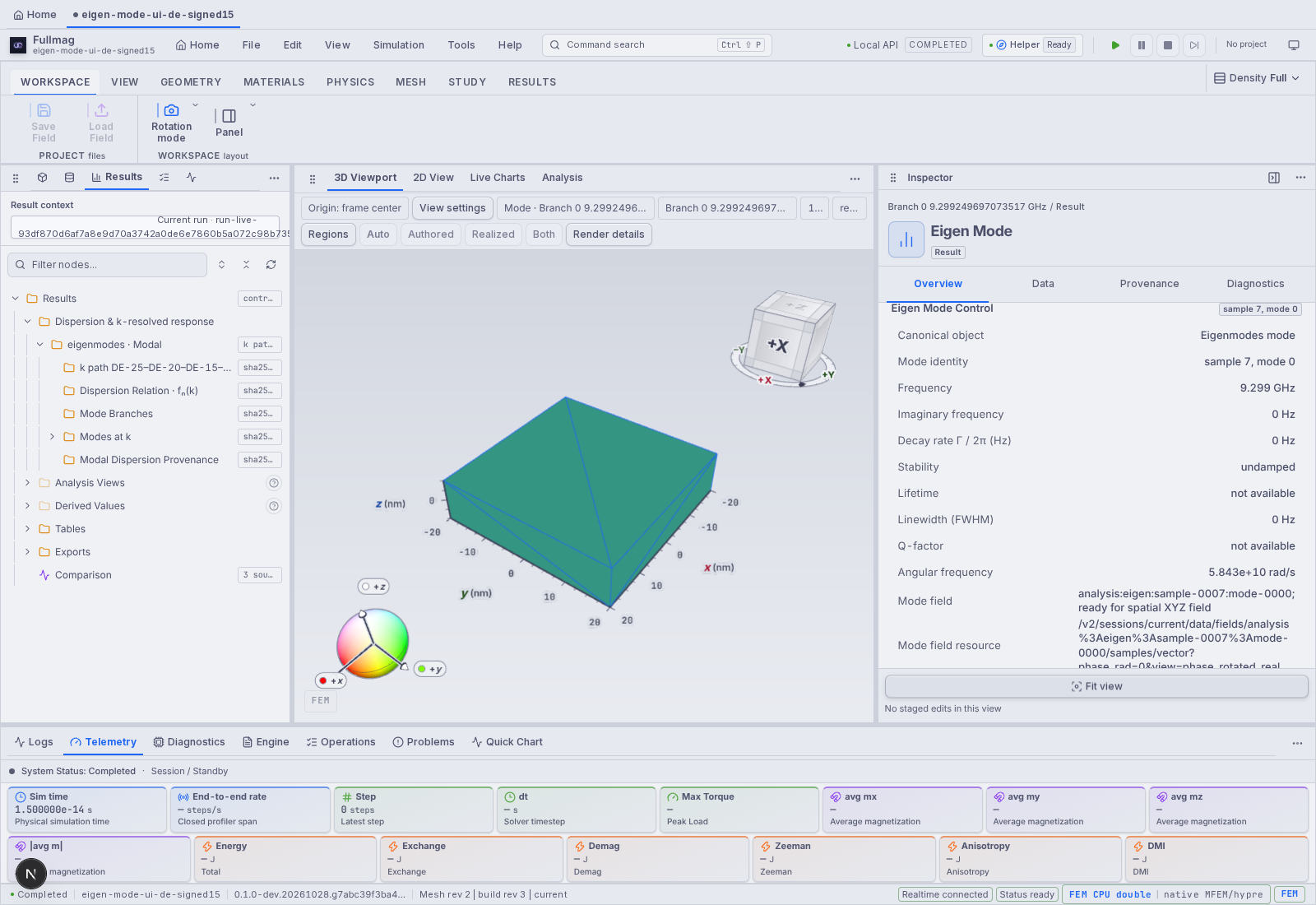 A wider Fullmag 3D view of eigenmode sample 7, mode 0 (9.299 GHz) on the FEM mesh; this is a single-mode UI capture, not convergence evidence.