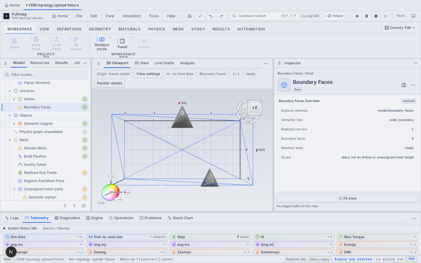 Fullmag’s FEM topology fixture shows the Boundary Faces Inspector and outer-boundary mesh selection; this is UI-fixture evidence only.