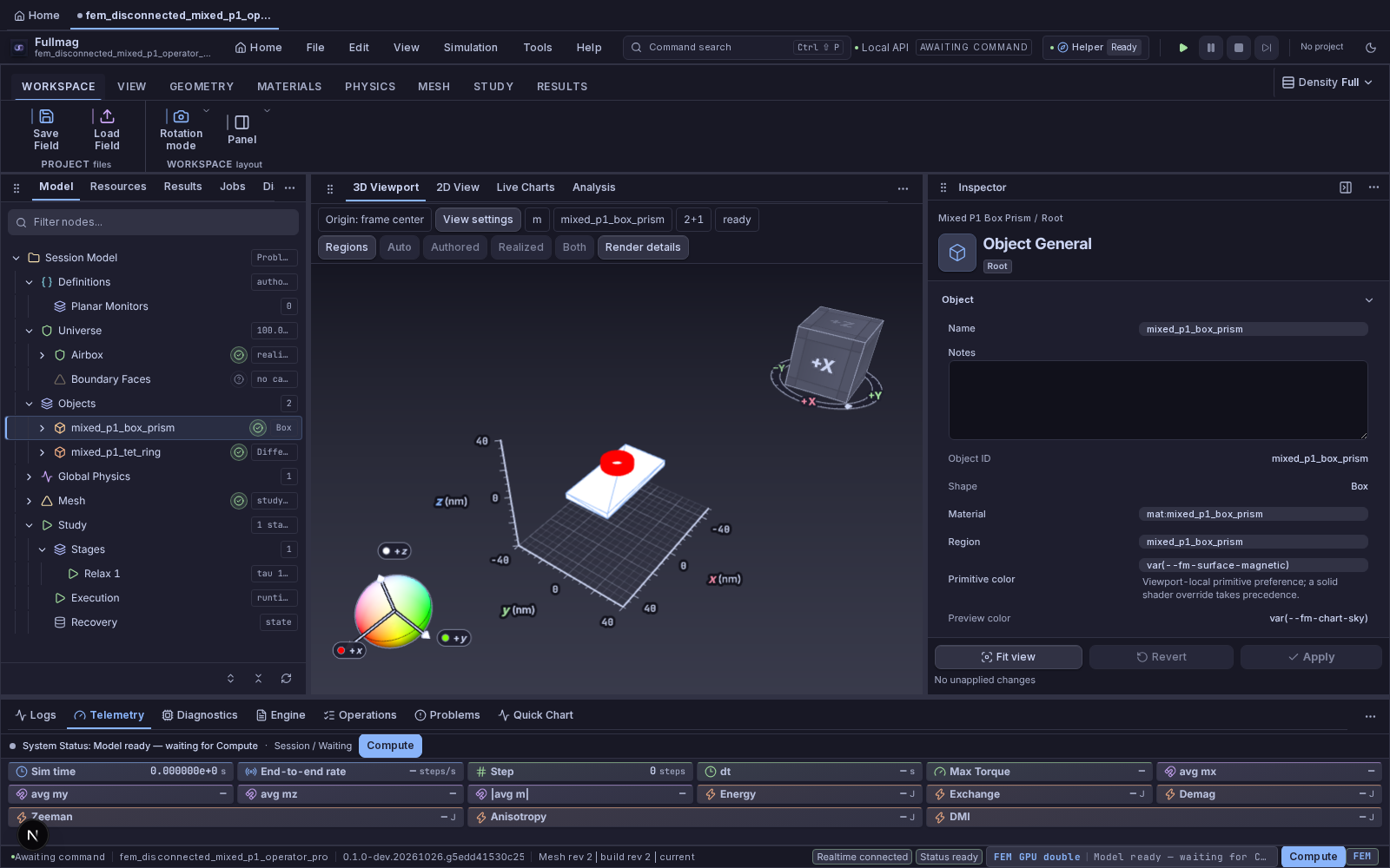 The same Fullmag mixed-P1 setup in dark theme, showing Airbox and object/material controls before Compute.