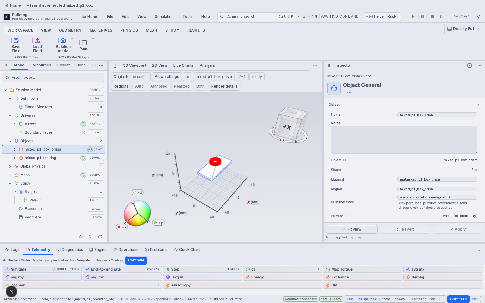 Recorded Fullmag workspace: model tree, central viewport and object inspector.