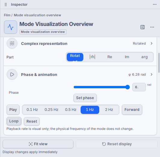 Fullmag’s mode Inspector fixture shows complex representation and phase-playback controls; playback rate is visual only.