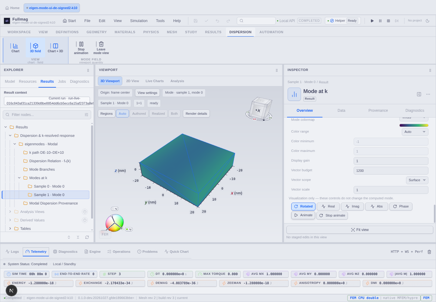 Supplied Fullmag mode view: sample selection, component/phase controls and spatial field display.